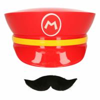 Game verkleed set pet en snor - loodgieter Mario - rood - unisex - carnaval/themafeest outfit - thumbnail