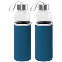 4x Stuks glazen waterfles/drinkfles met blauwe softshell bescherm hoes 520 ml - thumbnail