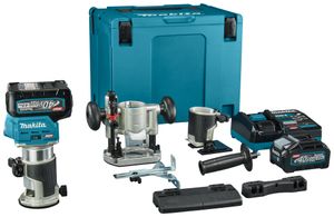 Makita RT001GM206 Boven- en kantenfrees | 40 V Max | 2 x 4.0 Ah accu + snellader | Incl. diverse voeten + geleiderail adapter | In Mbox - RT001GM206