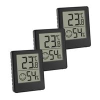 TFA Dostmann Digitale mini thermo-hygrometer, set van 3, 30.5039.01.03, kamerthermometer, temperatuur en luchtvochtigheidsmeter, smiley comfortzone, kamerklimaatcontrole, werkt op batterijen, zwart