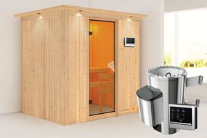 Karibu | Fanja Sauna met Dakkraag | Bronzeglas Deur | Biokachel 3,6 kW Externe Bediening