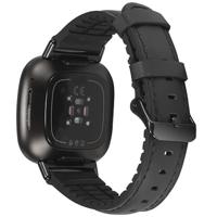 By Qubix - Compatible met Fitbit Versa 3 - Fitbit Versa 4 - Fitbit Sense 1 - Fitbit Sense 2 - leer + siliconen bandje - Zwart - Compatible fitbit bandje