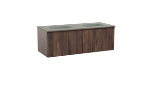 Balmani Forma zwevend badmeubel 135 x 55 cm amerikaans notenhout met Tablo Arcato dubbele wastafel in solid surface steengrijs, Verticale symmetrische rechte ribbel