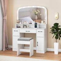 Make-up Tafel met Make-up Kruk & 3 Lichtkleuren LED-spiegel & Oplaadstation Kaptafel Wit
