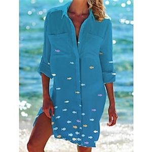 Dames Shirtjurk Casual jurk Hemdjurk Mini-jurk Buiten Dagelijks Afspraakje Polyester Modieus Klassiek Overhemdkraag Zak Afdrukken Halve mouw Zomer Lente 2023 Ruim Passend Wit Rood Marineblauw Vissen Lightinthebox