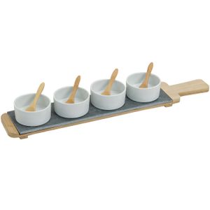 4x Snackschaaltjes/sausschaaltjes wit porselein rond 7 cm op serveerplank   -