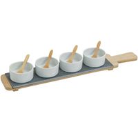 4x Snackschaaltjes/sausschaaltjes wit porselein rond 7 cm op serveerplank   -