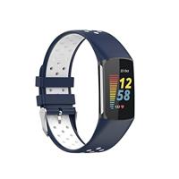 By Qubix - Compatible met Fitbit Charge 5 - Fitbit Charge 6 Sportbandje met gesp - Donkerblauw/wit - Tweekleurig - Maat: L - Compatible fitbit bandje