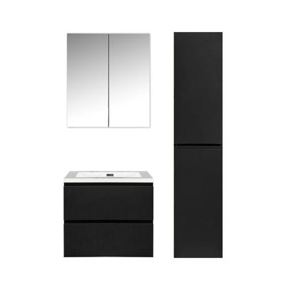 Badkamermeubel Set Callisto Diamond Hangend 60x50x48cm Mat Zwart MDF Softclose Greeploos Mineraalmarmer Wastafel 1 Kraangat Overloop met Spiegelkast en Badkamerkast