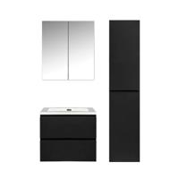 Badkamermeubel Set Callisto Diamond Hangend 60x50x48cm Mat Zwart MDF Softclose Greeploos Mineraalmarmer Wastafel 1 Kraangat Overloop met Spiegelkast en Badkamerkast