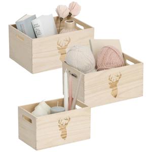 Opberg box/kist - set van 3 - naturel - hout - gestempeld hertenmotief