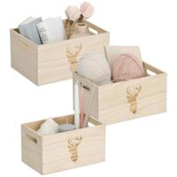 Opberg box/kist - set van 3 - naturel - hout - gestempeld hertenmotief - thumbnail