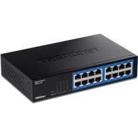 TRENDnet 16-poorts gigabit desktopschakelaar, TEG-S17D, 16 x Gigabit RJ-45-poorten, 32Gbps schakelcapaciteit, ventilatorloos ontwerp, metalen behuizing, interne voeding, levenslange bescherming, zwart