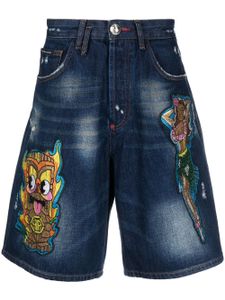 Philipp Plein bermuda en jean à détail de patch - Bleu