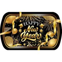 FIESTAS GUIRCA Happy New Year Dienblad (39 x 24 cm), herbruikbare tafeldecoratie voor nieuwjaarsfeesten, ideaal voor evenementen en feestdagen, zwart, goud