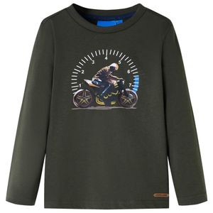 Kindershirt met lange mouwen motorprint 128 kakikleurig