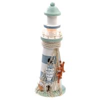 Vuurtoren beeldje met LED licht - Hout - 30 cm - wit/blauw - Maritieme woon decoraties - thumbnail