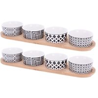 Set van 2x stuks serveerplanken bamboe 38 x 10 cm met 8x luxe hapjes/saus/tapas porselein schaaltjes