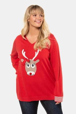 Ulla Popken Pullover, rendier motief, V-hals, gestreepte boordjes - Grote Maten