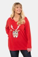 Ulla Popken Pullover, rendier motief, V-hals, gestreepte boordjes - Grote Maten