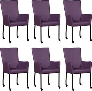 Set van 6 Paarse leren moderne eetkamerstoelen Deal - met armleuning poot vierkant zwart met wiel - Toledo Leer Aubergine (paars leer)