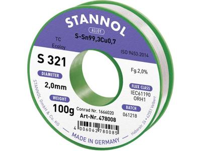 Stannol S321 2,0% 2,0MM SN99,3CU0,7 CD 100G Soldeertin, loodvrij Loodvrij, Spoel Sn99,3Cu0,7 ORH1 100 g 2 mm