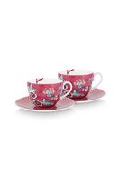 Pip Studio Flower Festival Set/2 Cappuccino Kop & Schotel Donkerroze