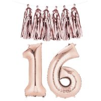 Sweet 16 folie ballon cijfer 16 rose goud met slinger - thumbnail