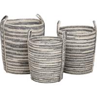 Set van 3 Manden - Gevlochten Maïs - Wasmanden - Ronde Opbergmanden - Grijs - Naturel - Plantenmand - Tijdschriftenmand - Natuurlijke look - Natuurlijk materiaal