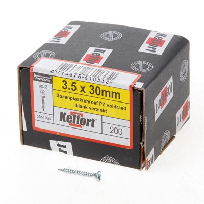 Kelfort Spaanplaatschroef platverzonken kop verzinkt pozidriv voldraad 3.5 x 30mm Kelfort Spaanplaatschroef platverzonken kop verzinkt pozidriv voldraad 3.5 x 30mm