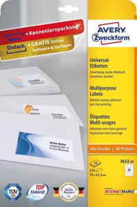 Avery-Zweckform 3652-10 Universele etiketten 70 x 42.3 mm Papier Wit 210 stuk(s) Permanent hechtend Inkjet, Laser (zwart/wit), Laser (kleur), Kopiëren