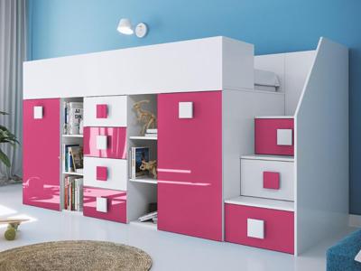 Hoogslaper TOGO 90x200 cm wit/hoogglans roze met trap aan de linkerkant