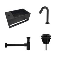 Fonteinset S.S. Solid Surface Links 35.6x20.3x15.9cm Toiletkraan Knop Clickwaste Sifon Mat Zwart