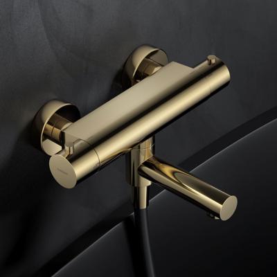 Badkraan Hotbath Buddy 15cm Hartafstand Thermostatisch Opbouw Gepolijst Messing 2 Greeps met Uitloop