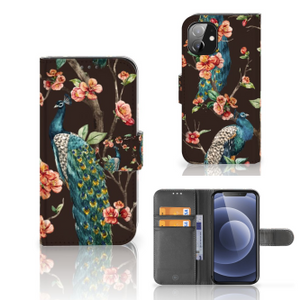 Apple iPhone 12 Mini Telefoonhoesje met Pasjes Pauw met Bloemen