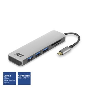 ACT USB-C Hub, met 3x USB-A, Kaartlezer, USB-C PD Pass-Through 60W