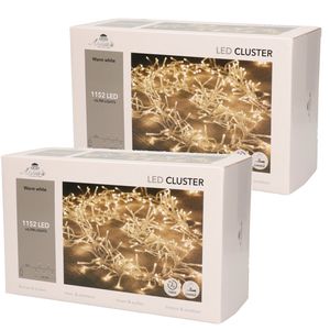 Set van 2x stuks clusterverlichting warm wit buiten 1152 lampjes met timer kerstverlichting