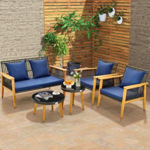 5-Delige Set Buitenmeubilair Set Rotan Stoelen en 2 Salontafels Frame van Acaciahout Zit- en Rugkussens Rieten Meubilair voor Tuin Terras