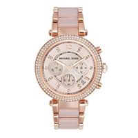 Michael Kors Parker chronograaf quartz horloge met roségouden roestvrijstalen band met blush acetaat middenschakels voor dames MK5896