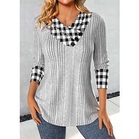 Dames Overhemd Blouse Geel blauw Fuchsia nappi Afdrukken Ruitjes Casual Lange mouw V-hals Modieus Normale pasvorm Lente Herfst