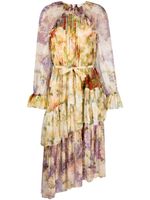 ZIMMERMANN robe mi-longue fleurie à volants superposés - Marron