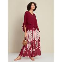 Blouse met ronde hals en casual maxi-broek met wijde pijpen, tweedelige set met ruche flare manchetten en casual folkprint - thumbnail