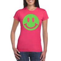 Verkleed T-shirt voor dames - smiley - roze - carnaval/foute party - feestkleding - thumbnail