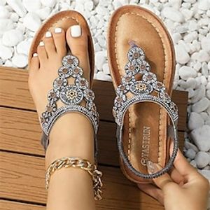 Dames Sandalen Boho Platte sandalen Grote maten Dagelijks Strand Zomer Strass Bloem Platte hak Vintage Casual Imitatieleer Leegloper Zilver Zwart Paars Lightinthebox