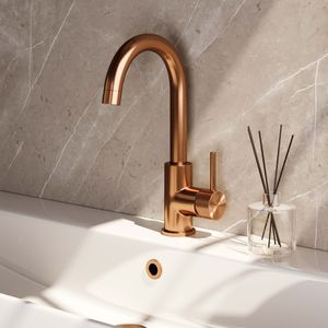 Brauer Copper Carving wastafelkraan met ronde uitloop, ronde handgreep en ColdStart geborsteld koper PVD