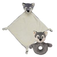 Pluche dieren setje wolf knuffel rammelaar 15 cm en tutteldoekje 40 cm - thumbnail