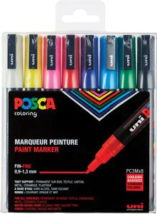 Posca paintmarker PC-3M, set van 8 markers in geassorteerde basiskleuren