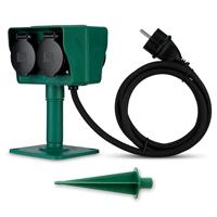 REV Tuincontactdoos met grondpen - 4-voudig buitenstopcontact, IP44 spatwaterdicht, 1,4 m rubberen kabel, incl. bodemplaat voor flexibele montage, groen