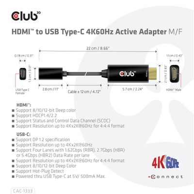 club3D CAC-1333 HDMI-kabel HDMI / USB-C Aansluitkabel HDMI-A-stekker, USB-C bus 0.22 m Zwart