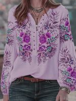 Casual Floral V Neck Long Sleeve Blouse - thumbnail